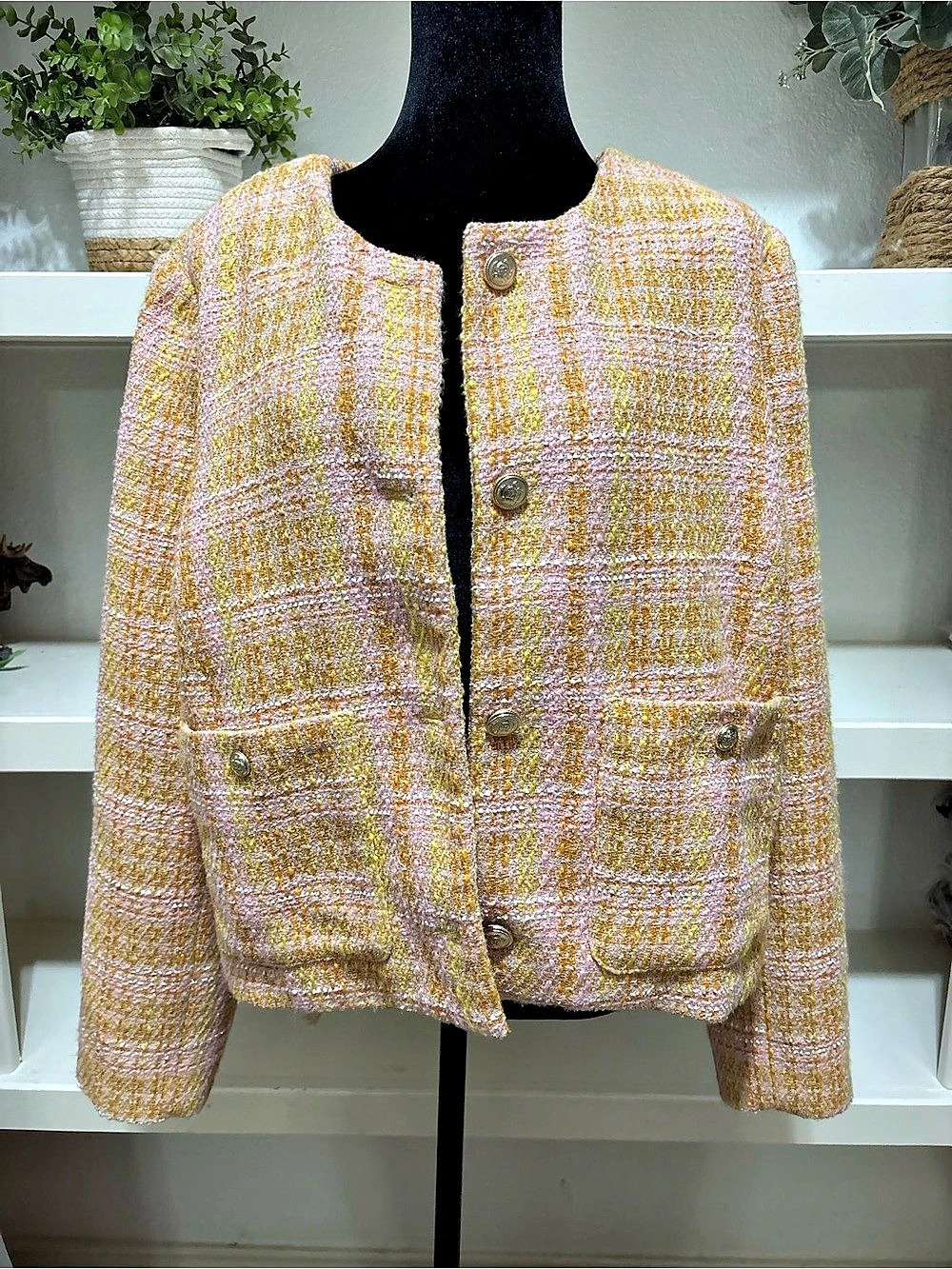 Time and Tru Women's Tweed Ladylike Blazer Jacket Pink & Yellow XXL